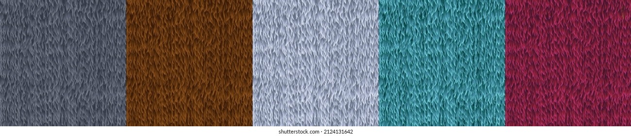 Fur seamless background, animal air texture, grey, brown, white, blue and red wool for game. Repeated furry pattern, cat, dog, wold, mink natural or artificial textile carpet, Realistic 3d vector set