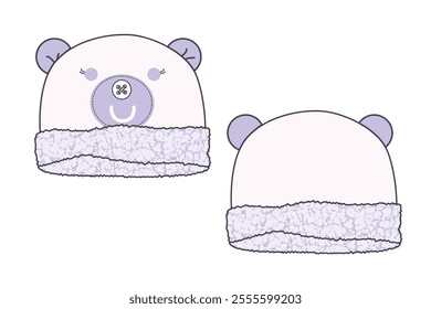 Fur teddy hat flat sketch vector mockup template.