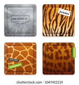 Fur texture 2x2 design concept set of wild animals wool square exemplars in realistic style vector illustration 