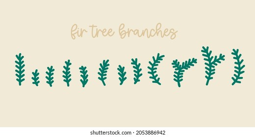 Fur tree branches stylized. Great for Christmas wreaths. Vector clipart hand drawn in a simple cartoon style. Isolated drawing set.