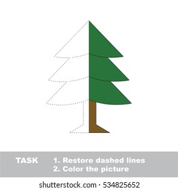 Fur Tree in vector to be traced, restore dashed line and color the picture. Simple visual game with easy education game level, educational worksheet for preschool kids.