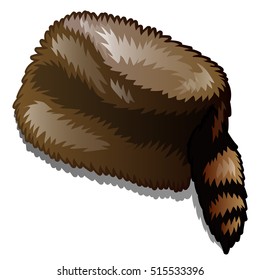 Fur winter hat with tail isolated on white background. Vector illustration.

