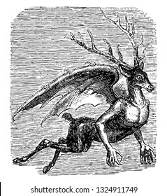 Furfur is seen under the shape of a deer with an inflamed tail, often takes the figure of an angel and speaks in hoarse voice, vintage engraved line art illustration. Infernal Dictionary 1863.