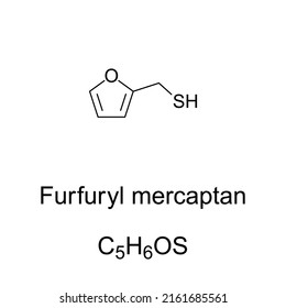 Furfuryl mercaptan, roasted coffee aroma, chemical formula and structure. Furan-2-ylmethanethiol, organic compound with strong odour of roasted coffee and bitter taste. Trigger molecule for parosmia.