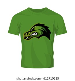 Furious alligator head sport vector logo concept isolated on green t-shirt mockup. Modern predator professional team badge design. Premium quality wild animal t-shirt tee print illustration.