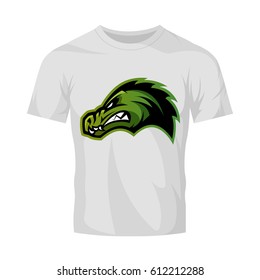 Furious alligator head sport vector logo concept isolated on white t-shirt mockup. Modern predator professional team badge design. Premium quality wild animal t-shirt tee print illustration.