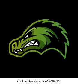 Furious alligator head sport vector logo concept isolated on dark background. Professional team predator badge modern design. Premium quality wild animal t-shirt tee print illustration.