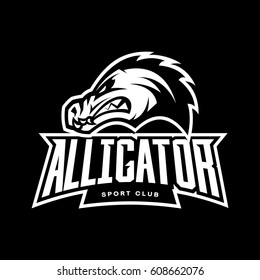 Furious alligator sport mono vector logo concept isolated on dark background. Professional team predator badge modern design. Premium quality wild animal t-shirt tee print illustration.