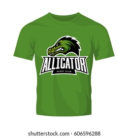 Furious alligator sport vector logo concept isolated on green t-shirt mockup. Professional team predator badge modern design. Premium quality wild reptile t-shirt tee print illustration. 