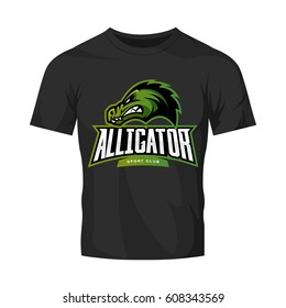 Furious alligator sport vector logo concept isolated on black t-shirt mockup. Modern predator professional team badge design. Premium quality wild animal t-shirt tee print illustration.