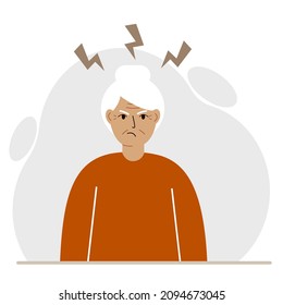 Furious angry grandmother in a rage. An angry grandma with an aggressive expression on his face. Lightning flies out of anger. Vector flat illustration