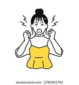 Furious, angry, hysterical, complaining, young woman with her hair tied up