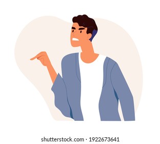 Furious angry man pointing at smb with finger to accuse, blame or criticize. Annoyed dissatisfied guy with aggressive face expression. Colored flat vector illustration isolated on white background