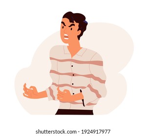 Furious Angry Man Shouting And Screaming With Rage. Outraged Guy With Aggressive Face Expression Scolding And Yelling In Anger. Colored Flat Vector Illustration Isolated On White Background