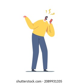 Furious Angry Man Yelling to Smartphone, Fury and Rage. Outraged Male Character with Aggressive Face Expression Scolding and Yelling in Anger Isolated on White Background. Cartoon Vector Illustration