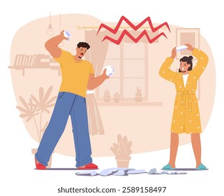 Furious angry married couple loudly quarreling with dishes breakage at home kitchen cartoon scene. Annoyed wife and husband feeling irritation and stress yelling sorting out things vector illustration