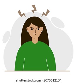 Furious angry woman in a rage. An angry woman with an aggressive expression on his face. Lightning flies out of anger. Vector flat illustration