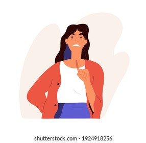 Furious angry woman scolding in anger. Annoyed female character with irritated face expression complaining and pointing with finger up. Colored flat vector illustration isolated on white background