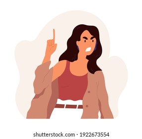 Furious angry woman shouting and screaming with rage. Annoyed female character with aggressive face expression scolding and yelling. Colored flat vector illustration isolated on white background