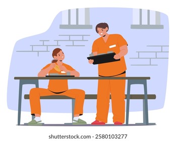 Furious angry women prisoners cartoon characters conflict at jail canteen vector illustration. Female criminals arguing, quarrelling, bullying due to place at table indoor prison cafeteria scene