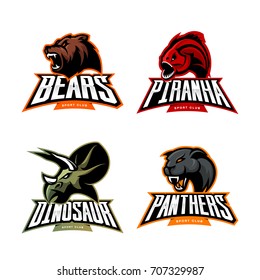 Furious bear, dinosaur, panther and piranha sport vector logo concept set isolated on white. Street wear mascot team badge design. Premium quality wild animal emblem t-shirt tee print illustration.