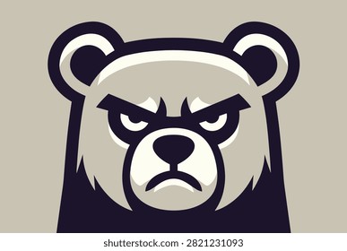 Furious bear face with a menacing scowl and dark eyebrows in a clean bold graphic style on a warm grey background.