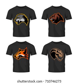 Furious bear, fox, wolf, dinosaur sport vector logo concept set isolated on white. Street wear mascot team badge design. Premium quality wild animal emblem t-shirt tee print illustration.