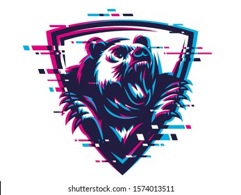 Furious Bear, Grizzly. Modern vector creative mascot illustration, t-shirt print design with glitch effect.