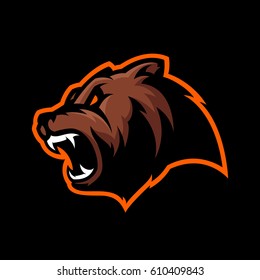 Furious bear head sport vector logo concept isolated on dark background. Modern predator professional team badge design. Premium quality wild animal t-shirt tee print illustration.