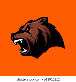 Furious bear head sport vector logo concept isolated on orange background. Modern predator professional team badge design. Premium quality wild animal t-shirt tee print illustration.