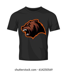 Furious bear head sport vector logo concept isolated on black t-shirt mockup. Modern predator professional team badge design. Premium quality wild animal t-shirt tee print illustration.