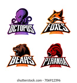 Furious bear, piranha, fox and octopus sport vector logo concept set isolated on white. Street wear mascot team badge design. Premium quality wild animal emblem t-shirt tee print illustration.