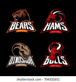 Furious bear, ram, dinosaur and bull sport vector logo concept set isolated on black. Street wear mascot team badge design. Premium quality wild animal emblem t-shirt tee print illustration.