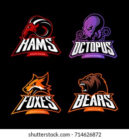 Furioso oso, ram, pulpo, el logo del vector de zorro se establece aislado en fondo negro. La calle lleva el diseño de la placa deportiva de mascota. Ilustración de impresión en pantalones T con emblema de animales salvajes de primera calidad.