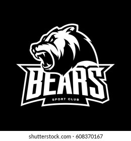 Furious bear sport mono vector logo concept isolated on dark background. Modern predator professional team badge design. Premium quality wild animal t-shirt tee print illustration.