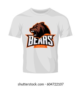 Furious bear sport vector logo concept isolated on white t-shirt mockup. Modern predator professional team badge design. Premium quality wild animal t-shirt tee print illustration.