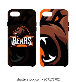 Furious bear sport vector logo concept smart phone case isolated on white background. Modern predator team badge design. Premium quality wild animal artwork cell phone cover illustration.
