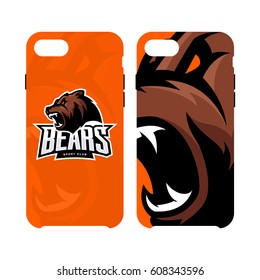 Furious bear sport vector logo concept smart phone case isolated on white background. Modern predator professional team badge design. Premium quality wild animal artwork cell phone cover illustration.