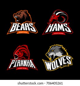 Furious bear, wolf, ram and piranha sport vector logo concept set isolated on black background. Street wear mascot team badge design. Premium quality wild animal emblem t-shirt tee print illustration.