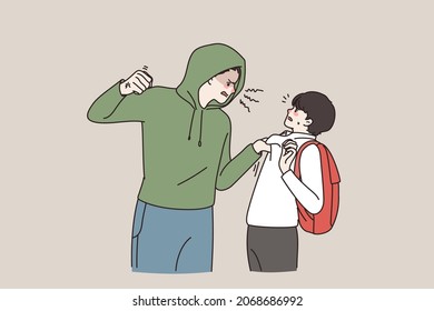 Furious big guy threaten bullying small boy pupil. Scared terrified little schoolboy afraid of aggressive classmate. Teenage problems, discrimination concept. Flat vector illustration. 