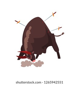 Furious black bull pierced by swords, bullfighting, corrida performance vector Illustration on a white background