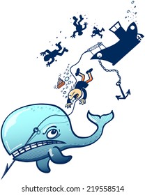 Furious Blue Whale Defending From Being Hunted, Sinking A Whaler Boat With All Its Crew By Biting And Pulling A Harpoon Directly Connected To The Boat