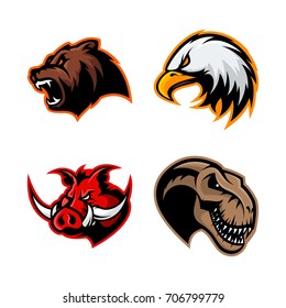 Furious boar, dinosaur, bear and eagle sport vector logo concept set isolated on white. Street wear mascot team badge design. Premium quality wild animal emblem t-shirt tee print illustration.