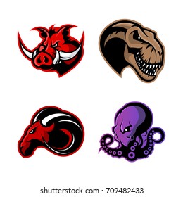 Furious boar, dinosaur, ram and octopus sport vector logo concept set isolated on white. Street wear mascot team badge design. Premium quality wild animal emblem t-shirt tee print illustration.