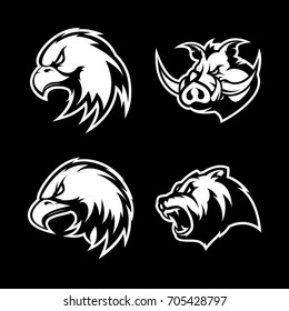 Furious boar, eagle and bear sport vector logo concept set isolated on black. Street wear mascot team badge design. Premium quality wild animal emblem t-shirt tee print illustration.