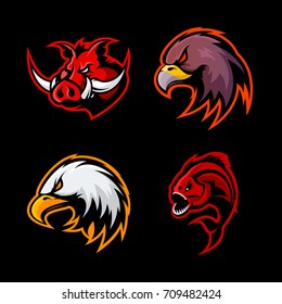 Furious boar, eagle and piranha sport vector logo concept set isolated on black. Street wear mascot team badge design. Premium quality wild animal emblem t-shirt tee print illustration.