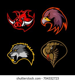 Furious boar, eagle, wolf and cobra sport vector logo concept set isolated on black background. Street wear mascot team badge design. Premium quality wild animal emblem t-shirt tee print illustration.