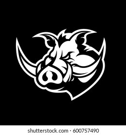 Furious boar head mono sport club vector logo concept isolated on dark background. Modern professional team badge design. Premium quality wild animal t-shirt tee print illustration.