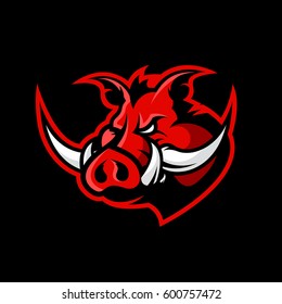 Furious boar head sport club vector logo concept isolated on dark background. Modern professional team badge design. Premium quality wild animal t-shirt tee print illustration.