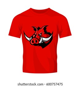 Furious boar head sport club vector logo concept isolated on red t-shirt mockup. Modern professional team badge design. Premium quality wild animal t-shirt tee print illustration design.